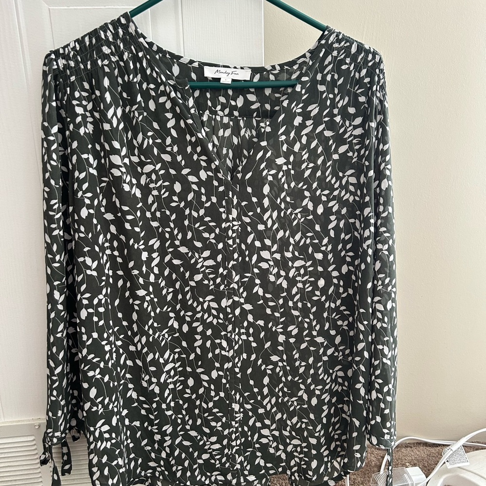 Green/Olive and White Leaf Print Women's Monday Fun Brand Top